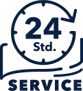 Ein dunkelblaues Uhr Icon, in dem die Aufschrift „24 Stunden Service“ zu lesen ist.