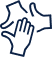 Ein Icon aus dunkelblauen Umrissen mit drei übereinander liegenden Händen.